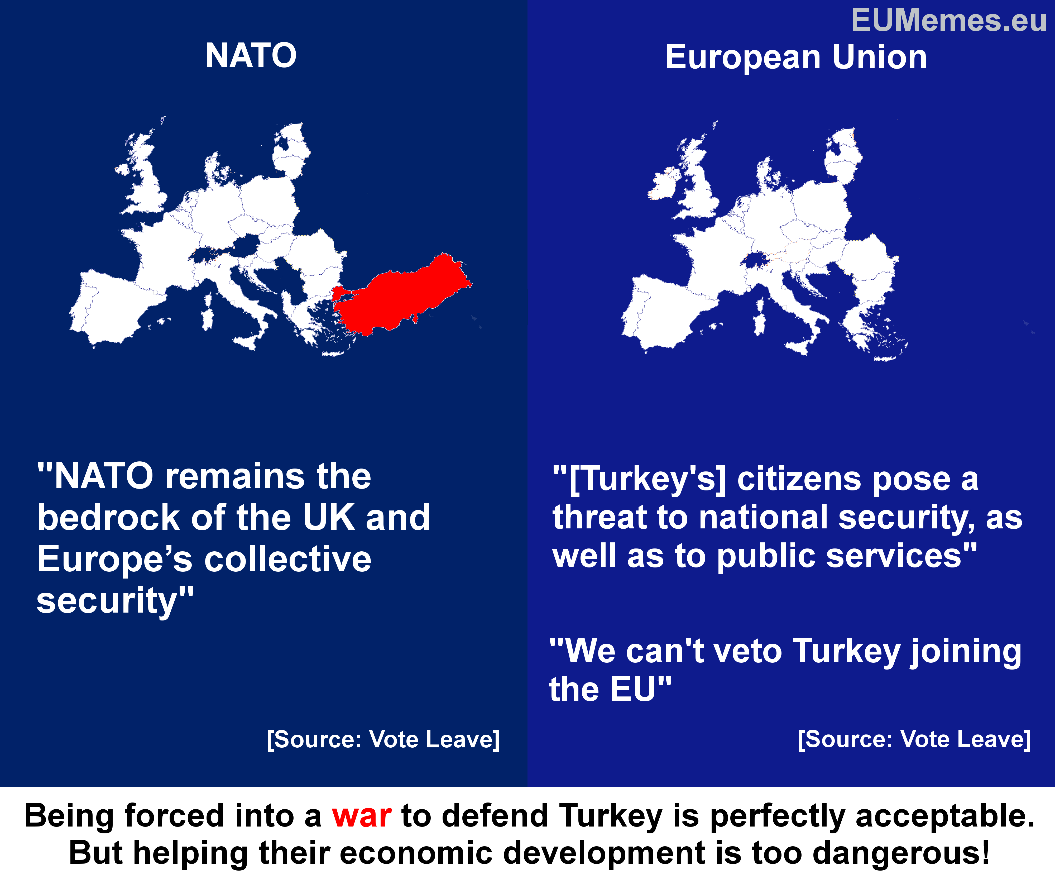 The UK is obliged by NATO to defend Turkey. Vote Leave are happy about this. But letting them join the EU is too dangerous apparently.